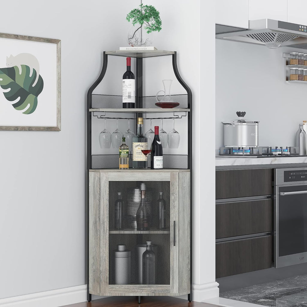 Alkmaar Corner Wine Cabinets, Bar Cabinets with Glass Shelves, Sideboards and Buffet Cabinets with Shelves, with Anti-Tipping Device (Grey)