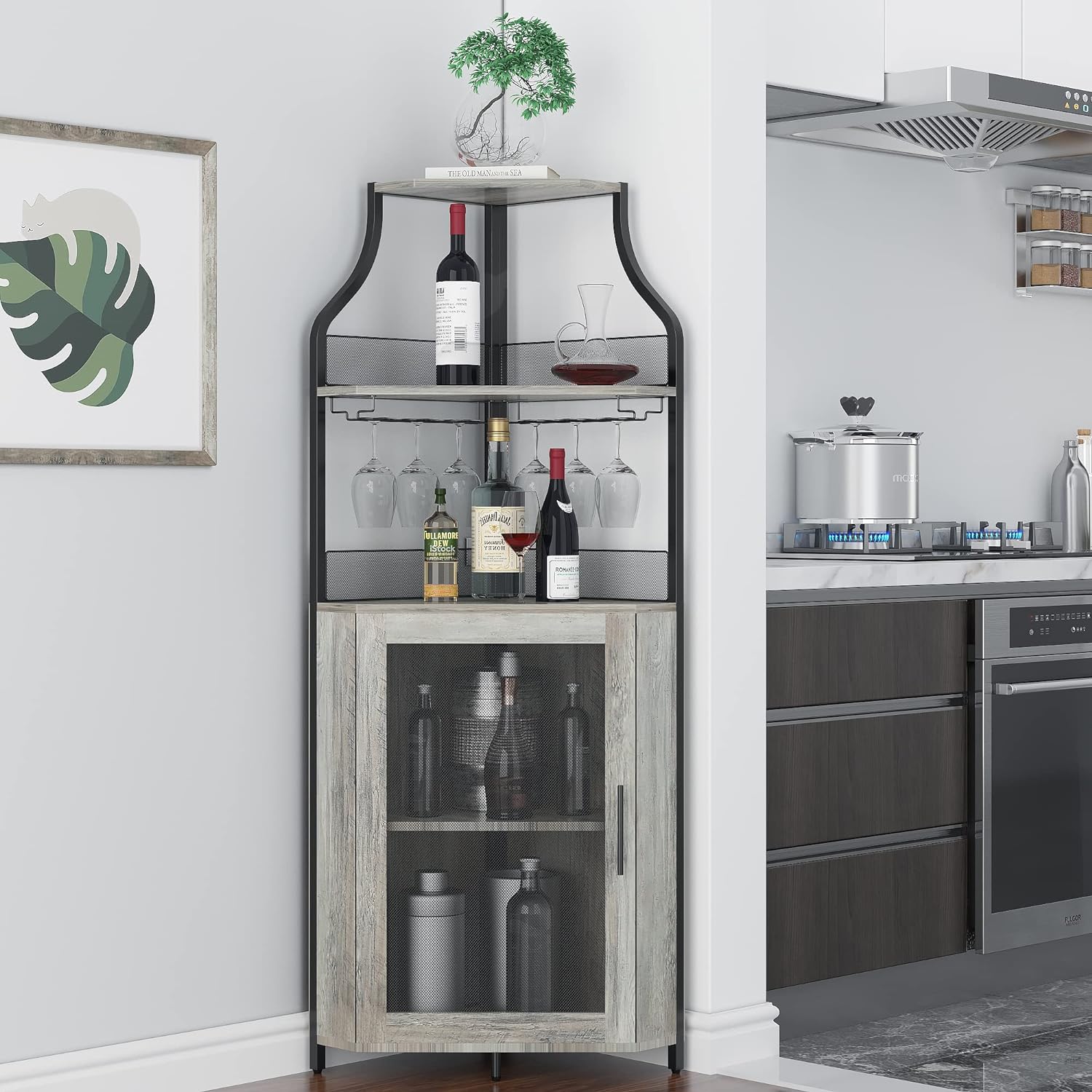 Alkmaar Corner Wine Cabinets, Bar Cabinets with Glass Shelves, Sideboards and Buffet Cabinets with Shelves, with Anti-Tipping Device (Grey)