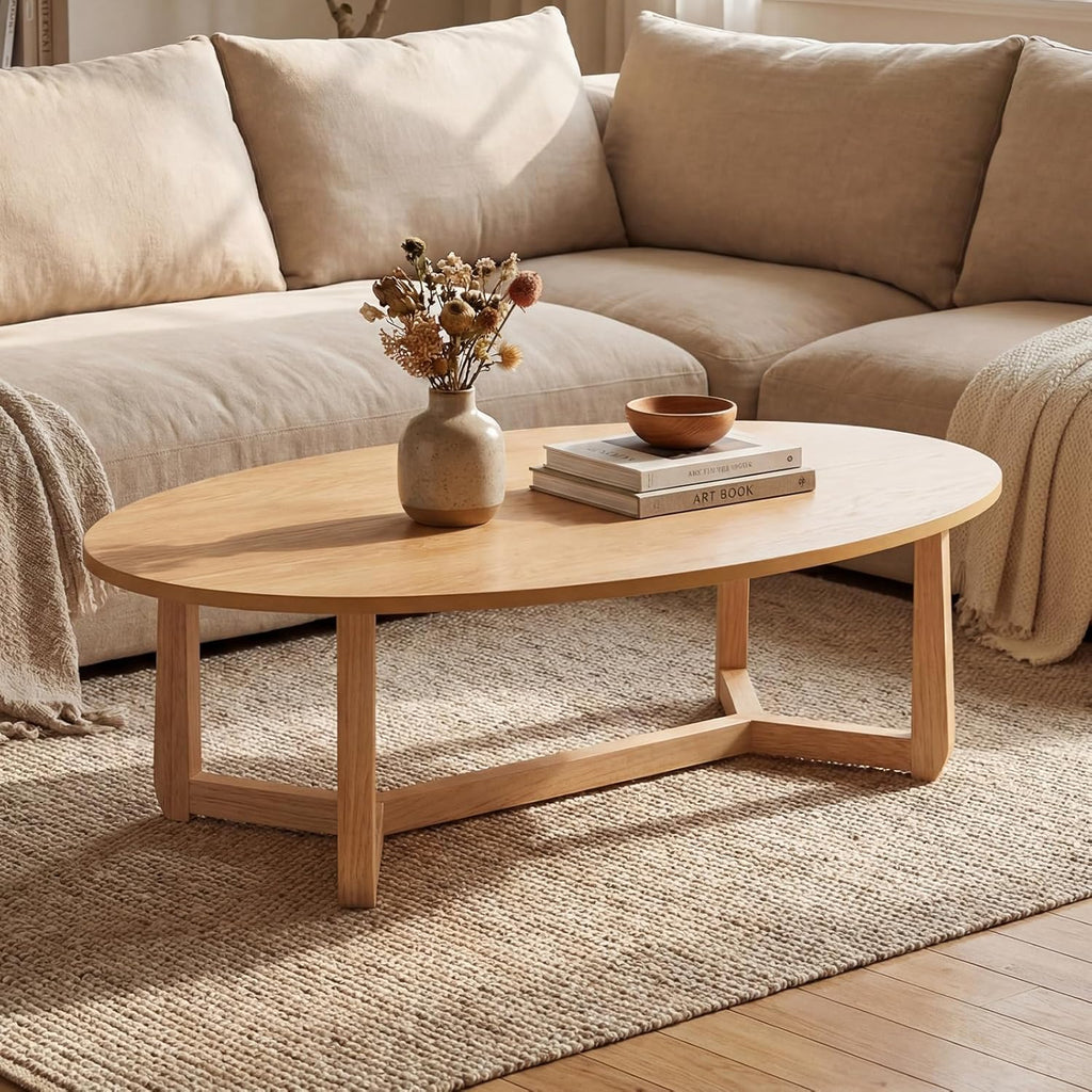 Giantex Oval Coffee Table and End Tables Set of 3, Mid Century Modern Coffee Table and 2 Round Side Tables w/Wood Veneered Top & Solid Rubber Wood Leg, Living Room Table Set for Small Space