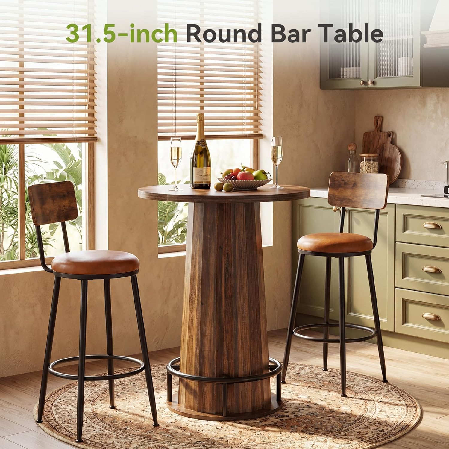 LITTLE TREE 31.5'' Round Bar Table, 37.4" H Wood Pub Table with Metal Ring Footrest, Industrial Farmhouse Bar Table for Kitchen, Dining Room, Pub, Rustic Brown(Only Table)