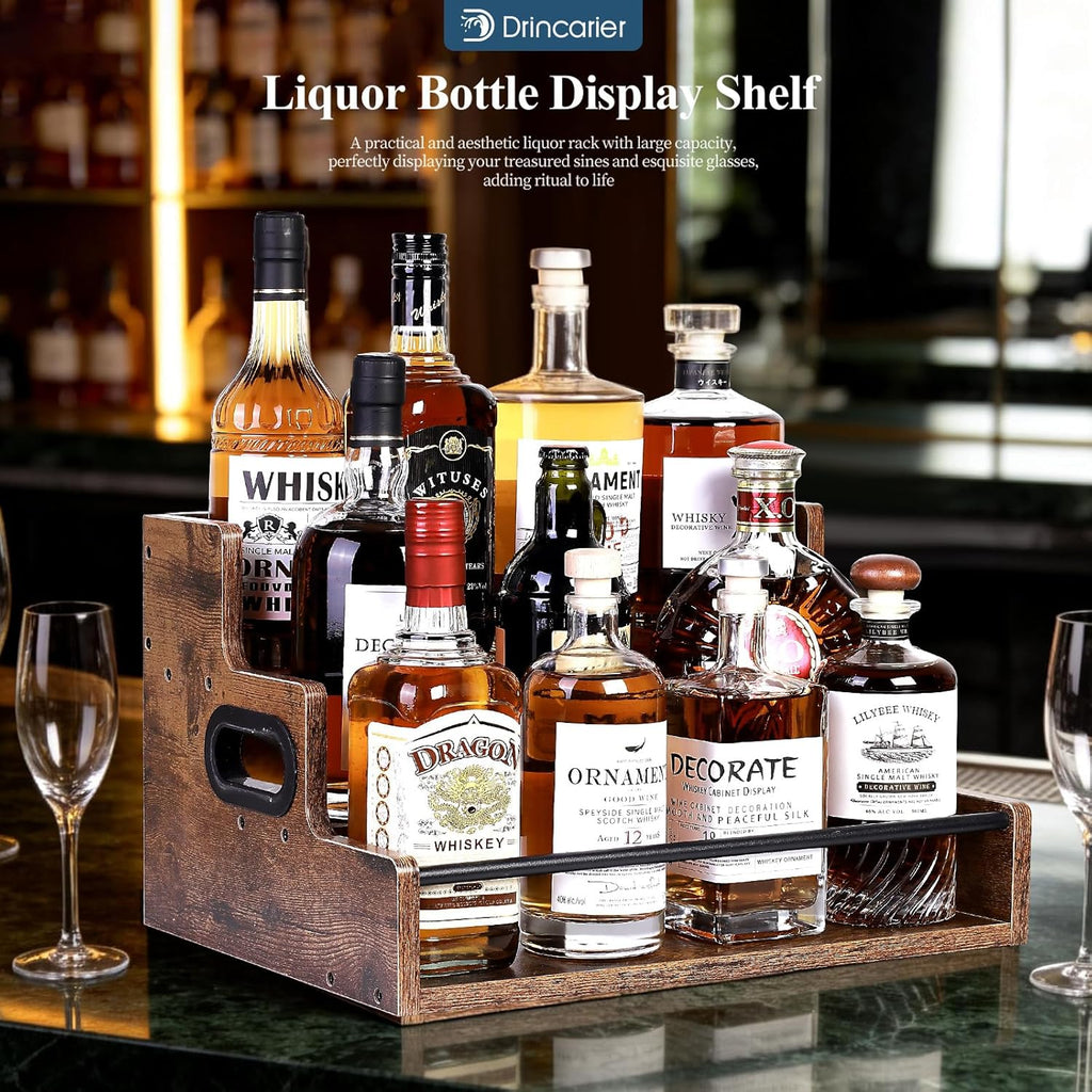 Bottle Display Shelf, Coffee Syrup Rack Organizer, 3 Step Countertop Liquor Wine Rack, mini bar,Liquor Cabinet, Home Retro Bar Shelf Stand for Liquor Whiskey, Spirits (3 Tier)
