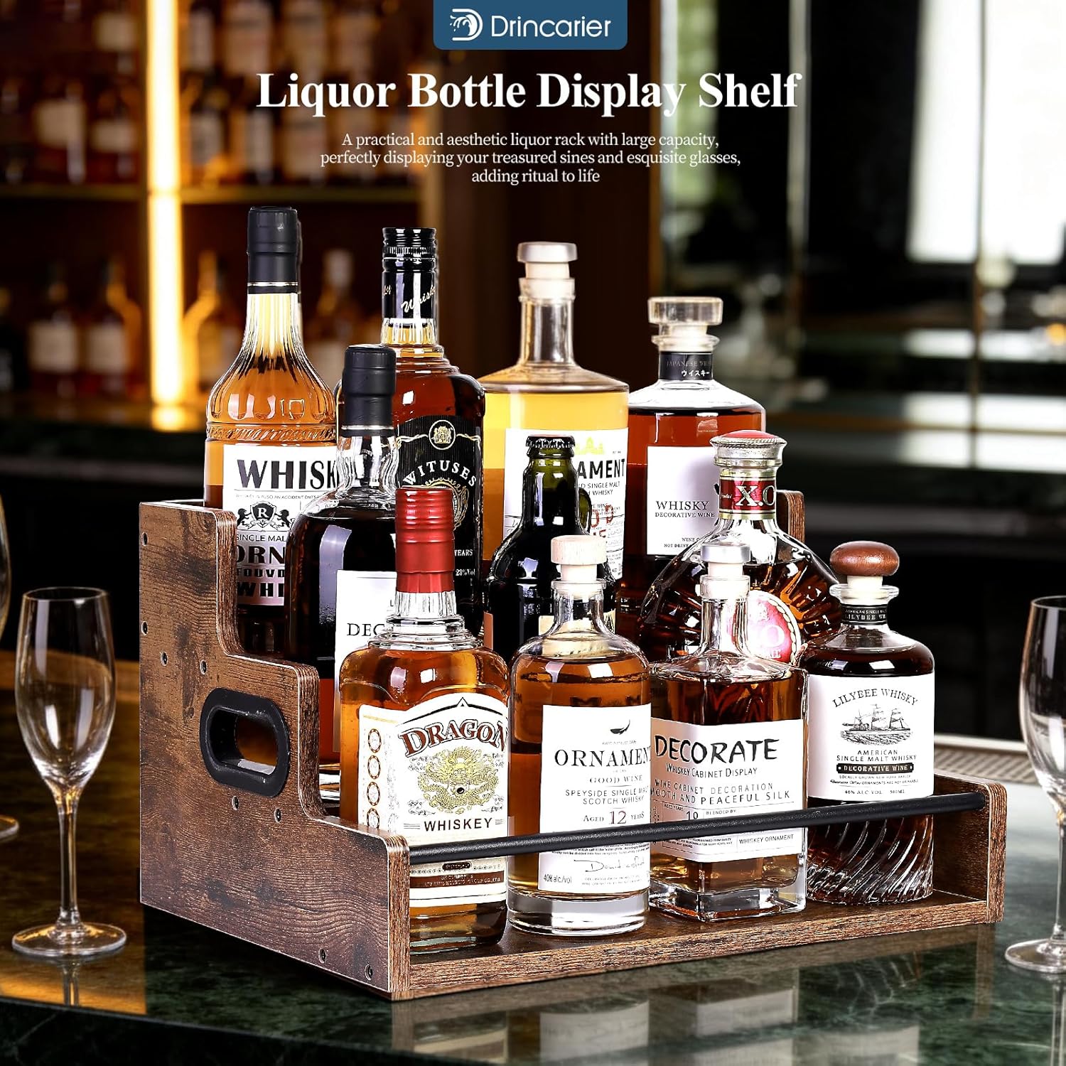 Bottle Display Shelf, Coffee Syrup Rack Organizer, 3 Step Countertop Liquor Wine Rack, mini bar,Liquor Cabinet, Home Retro Bar Shelf Stand for Liquor Whiskey, Spirits (3 Tier)