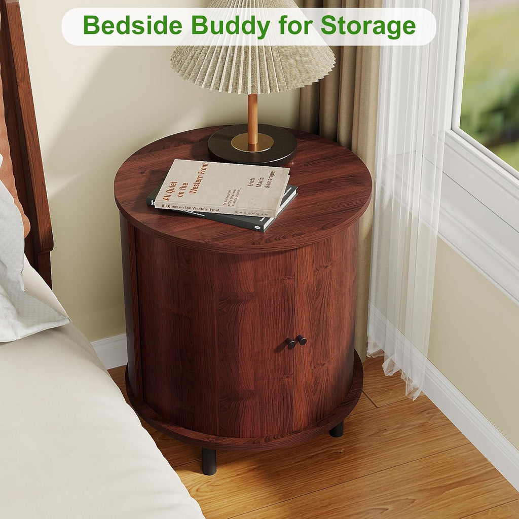 FROMJBEST Round End Table with Storage, Fluted Accent Side Table with Sliding Door, Mid-Century Nightstand for Small Spaces, Living Room, Bedroom (1, Walnut)