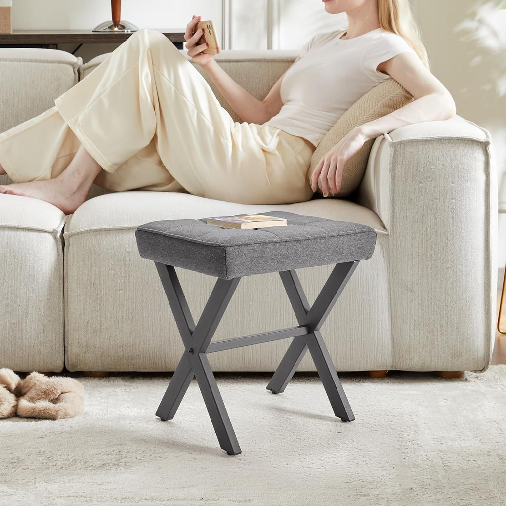 Sweetcrispy Vanity Stool Ottoman, Square Linen Makeup Stool Metal X Legs, Small Footstool Chair for Vanity, Modern Padded Seat Foot Rest for Makeup Room, Bathroom,Living Room, Entryway, Gray