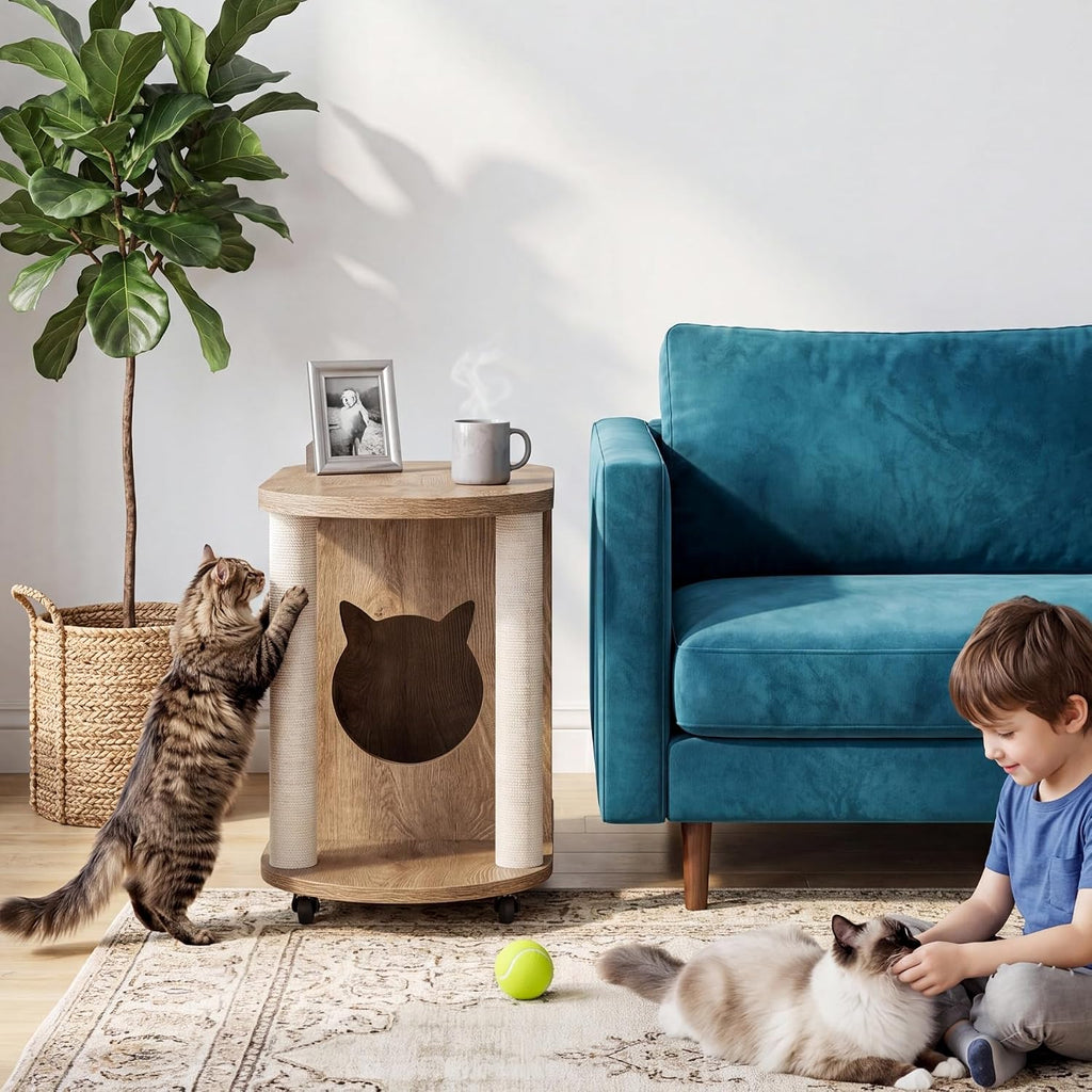 Tribesigns End Table, Sofa Side Table with Scratching Posts and Cat Bed | Oval, 360° Swivel Caster Wheels, Multifunctional Design, for Bedroom Living Room, White and Brown