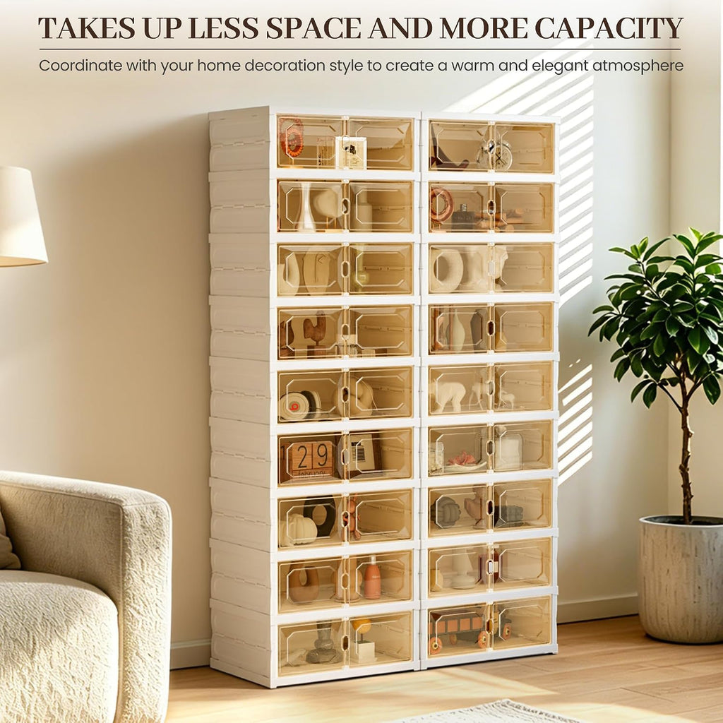 Foldable Shoe Rack Set of 2, 9 Tier Collapsible Shoe Rack with Magnetic Doors, Large Capacity Clear Display Cabinet with Wheels for 18 Pairs, Apartment Entryway