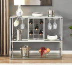 ASYA Wine Rack Table with Glass Holder, 3-Tier with Temered Glass Shelves, Modern Liquor Cabinet with Storage for Wine Bar, Living Room, Kitchen and Dining Room (Silver Finish)