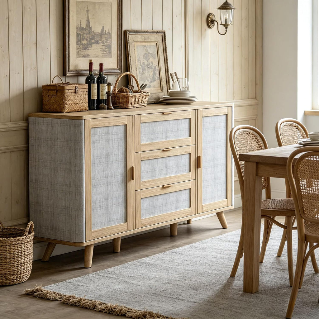 63" Large Farmhouse Storage Cabinet with 3 Drawers 2 Doors, Wood Buffet Sideboard Cabinet Coffee Bar for Kitchen, Living Room
