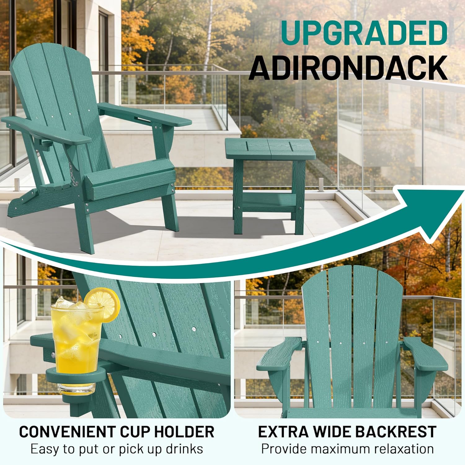 PLUUV Folding Adirondack Chair Set of 2, Hdpe All-Weather Patio Chairs with Cup Holder, Wooden Textured Fire Pit Chairs, Outdoor Chair for Poolside, Backyard, Deck（Aruba）
