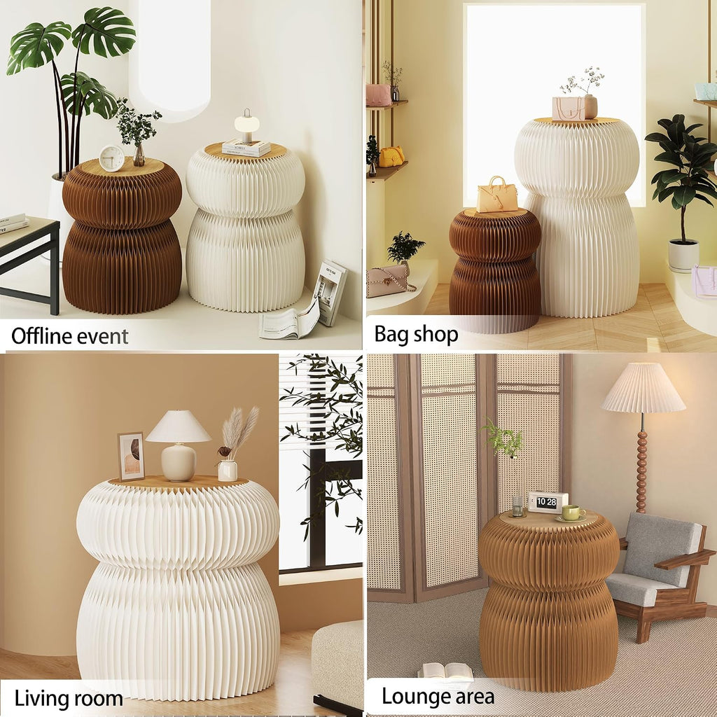 Stylish Honeycomb Paper Accent Table, Round Fluted Side Table, Decorative Accordion Stool for Living Room, Bedroom & Entryway