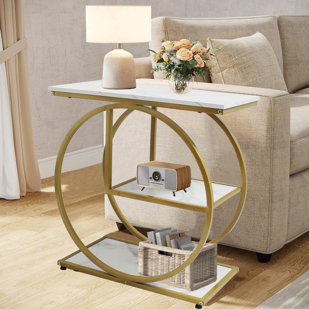 AT-VALY 3-Tier End Table, Side Table with Storage Shelves, Small Sofa Side Table for Living Room, Bedroom (Gold)