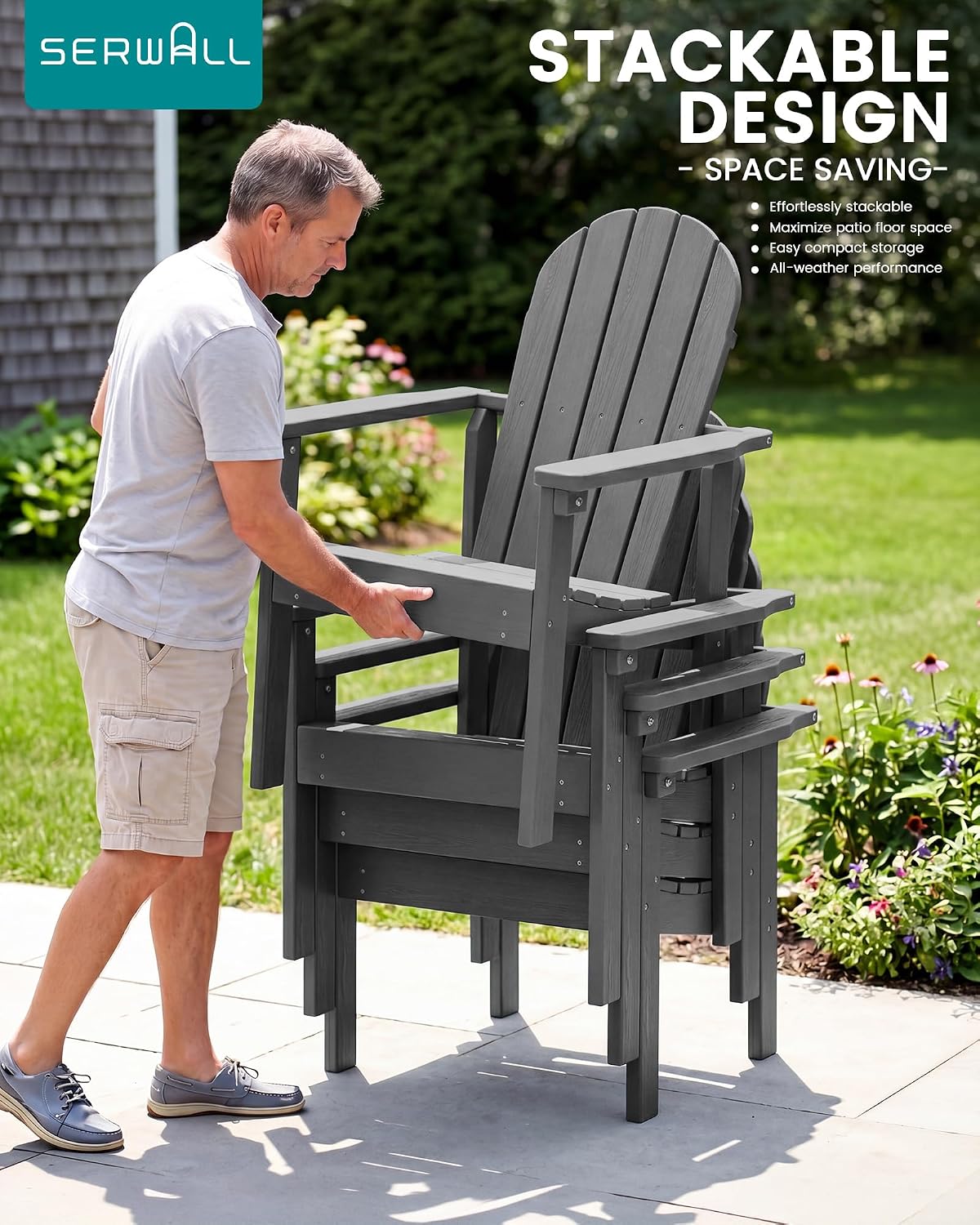 SERWALL Stackable Modern Adirondack Chairs Set of 4, HDPE Outdoor Patio Chairs with Space-Saving Design, All-Weather Fire Pit Chairs with Widened Seat for Deck, Backyard, Garden, Lawn (Grey)