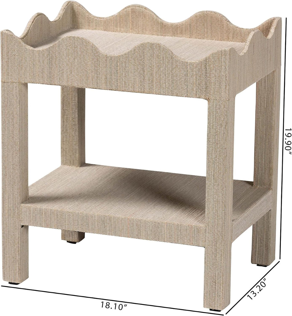 Bali & pari Sebastian Grasscloth Scalloped End Table - 2-Tier Accent Table with Open Shelf Storage for Living Room, Bedroom, or Entryway, Beige