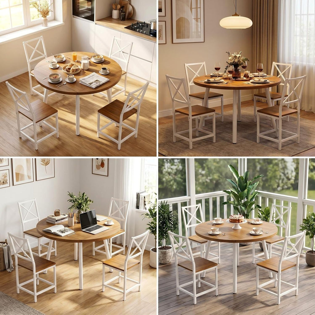 IRONCK Round Dining Table Set for 4, Extendable Kitchen Table with 4 Chairs, 44.5" Drop Leaf Desk, Folding for Small Space, Apartment, Natural Wood