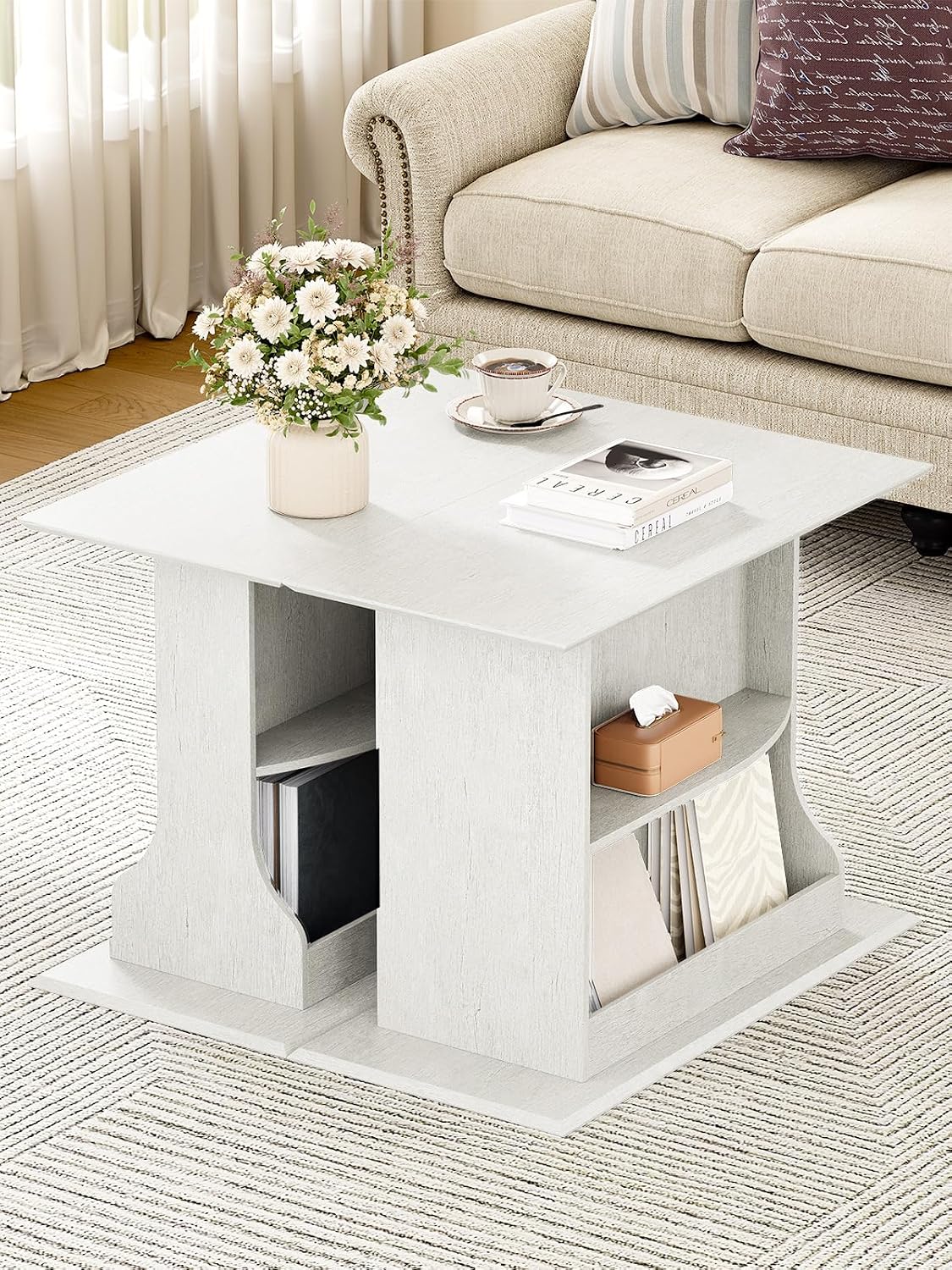 HIFYOBRO Skinny End Table for Small Spaces, 3-Tier Slim Nightstand with Double-Sided Storage, Rustic White Narrow Side Table for Living Room Bedroom Office, Easy Assembly