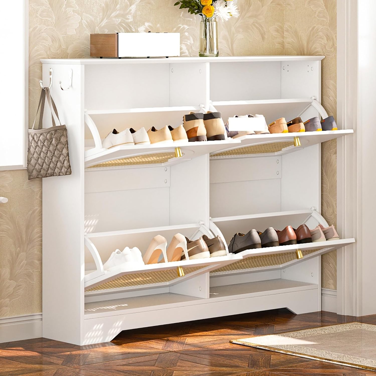 Freestanding Shoe Rack, Tipping Bucket Shoe Cabinet with 4 Flip Drawers, Elegant Entryway Shoe Organizer with 4 Rattan Doors,for Kitchen Home
