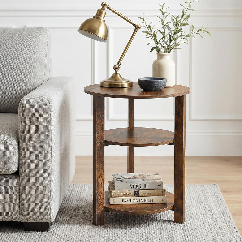 Farmhouse 3-Tier Round Side Table, 17.7*21.7inch End Table with Open Storage Shelf, Circular Nightstand Accent Table for Living Room, Bedroom,Wooden Table for Narrow and Small Spaces,Rustic Brown