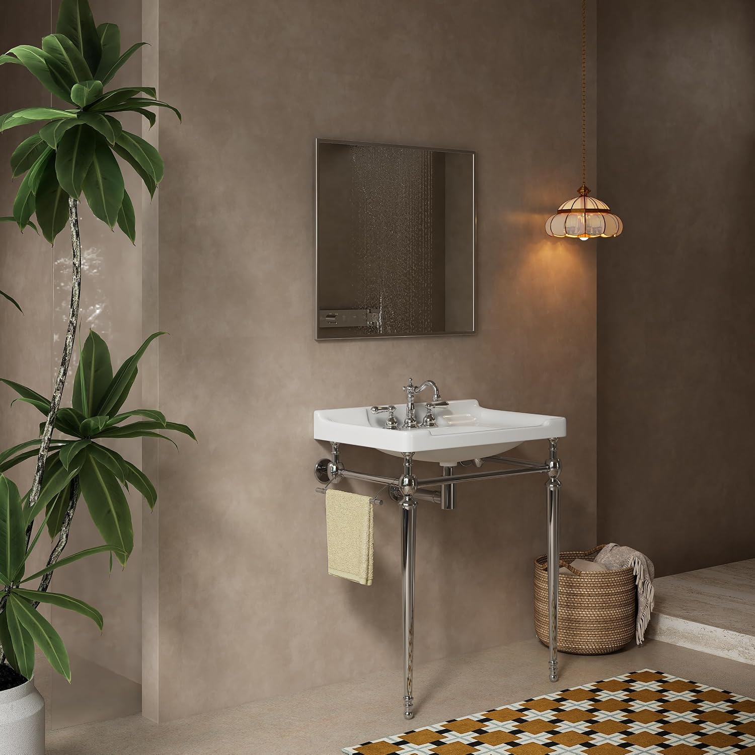 28 Inch Console Bathroom Vanity with Ceramic Sink, Open-Frame Stainless Steel Legs with Towel Bar, 3 Faucet Holes, Wall-Mounted Support, No Faucet (Silver Frame | White Sink)