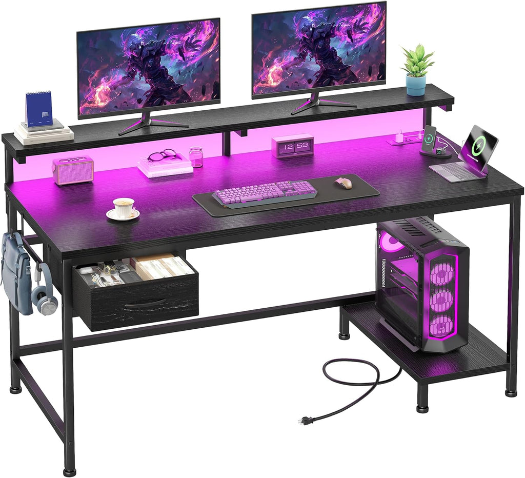 DurayLoly 39.3" Gaming Desk with Power Outlet and LED Lights,Computer Desk with Adjutable Monitor Stand and Drawer,Office Desk with CPU Stand for Home Work,Study and Gaming, Small Spaces,Black
