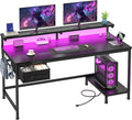 DurayLoly 39.3" Gaming Desk with Power Outlet and LED Lights,Computer Desk with Adjutable Monitor Stand and Drawer,Office Desk with CPU Stand for Home Work,Study and Gaming, Small Spaces,Black