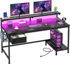 DurayLoly 39.3" Gaming Desk with Power Outlet and LED Lights,Computer Desk with Adjutable Monitor Stand and Drawer,Office Desk with CPU Stand for Home Work,Study and Gaming, Small Spaces,Black