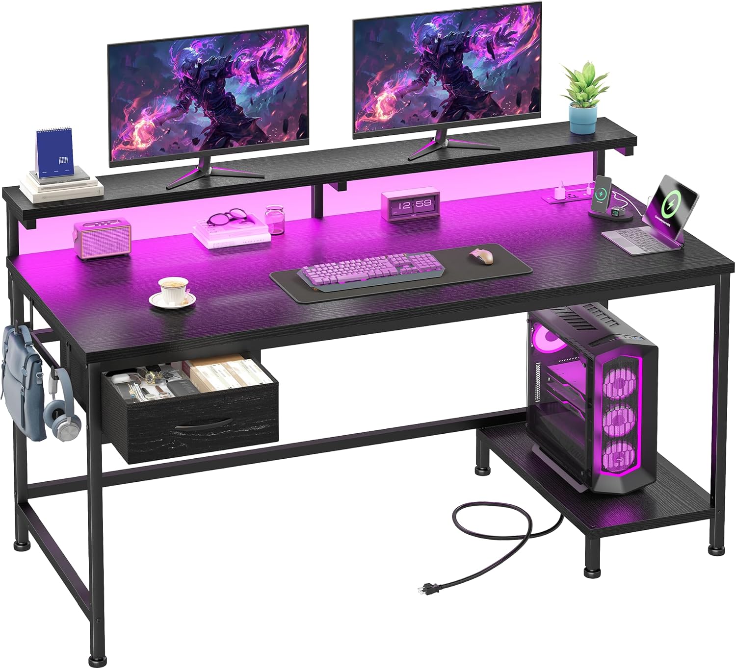 DurayLoly 39.3" Gaming Desk with Power Outlet and LED Lights,Computer Desk with Adjutable Monitor Stand and Drawer,Office Desk with CPU Stand for Home Work,Study and Gaming, Small Spaces,Black