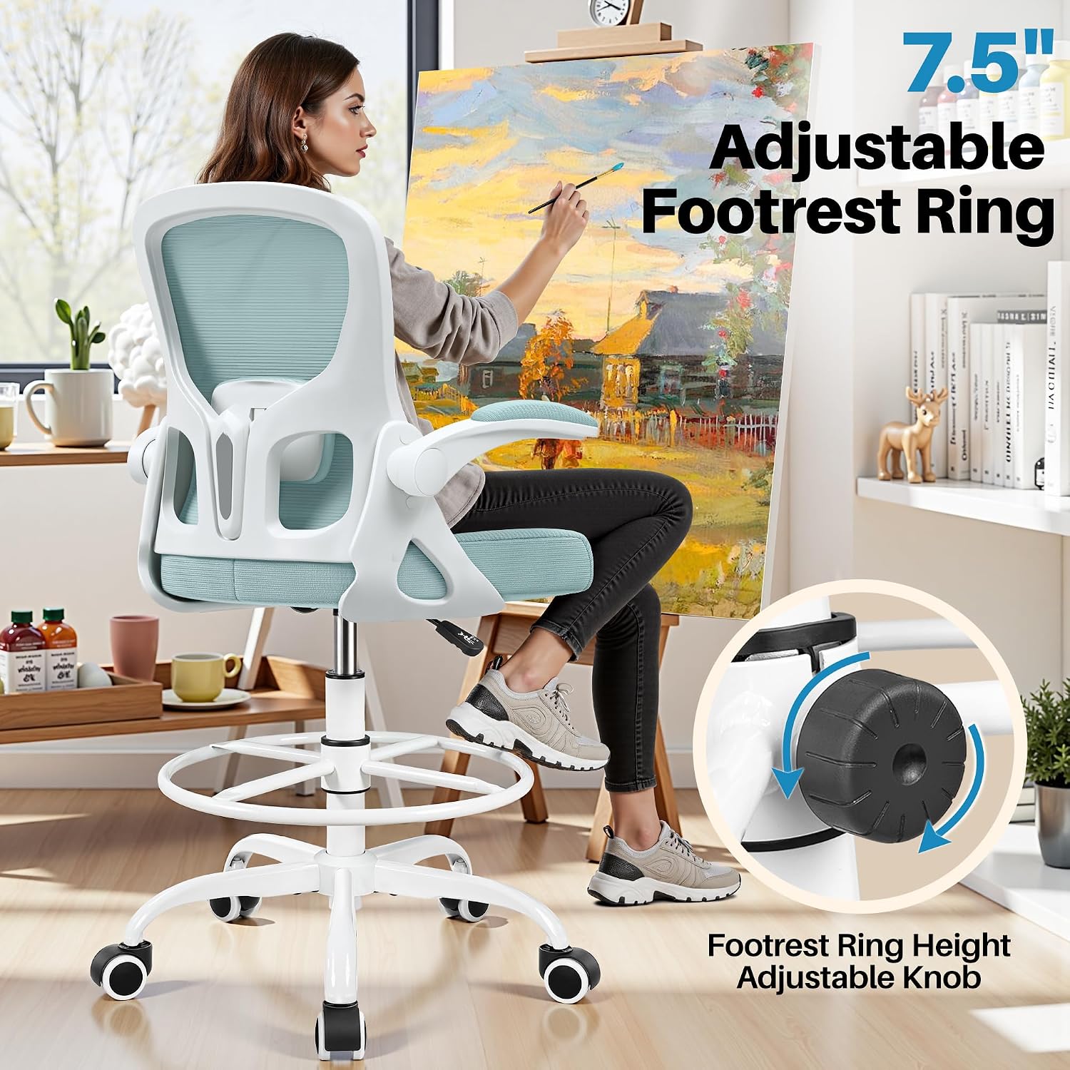 Drafting Chair Tall Office Chair for Standing Desk - Ergonomic Computer Work Stool with Lumbar Support, Flip-up Arms & Foot Ring. for Studio Artist Engineer Gaming Bar Study (Light Blue)