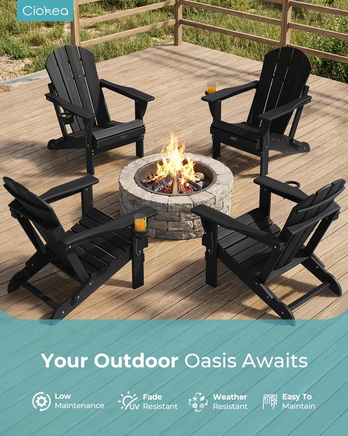 Ciokea Folding Adirondack Chair Wood Texture 2 Pack, Patio Adirondack Chair Weather Resistant, Plastic Fire Pit Chair with Cup Holder, Lawn Chair for Outdoor Porch Garden Backyard Deck (Black)