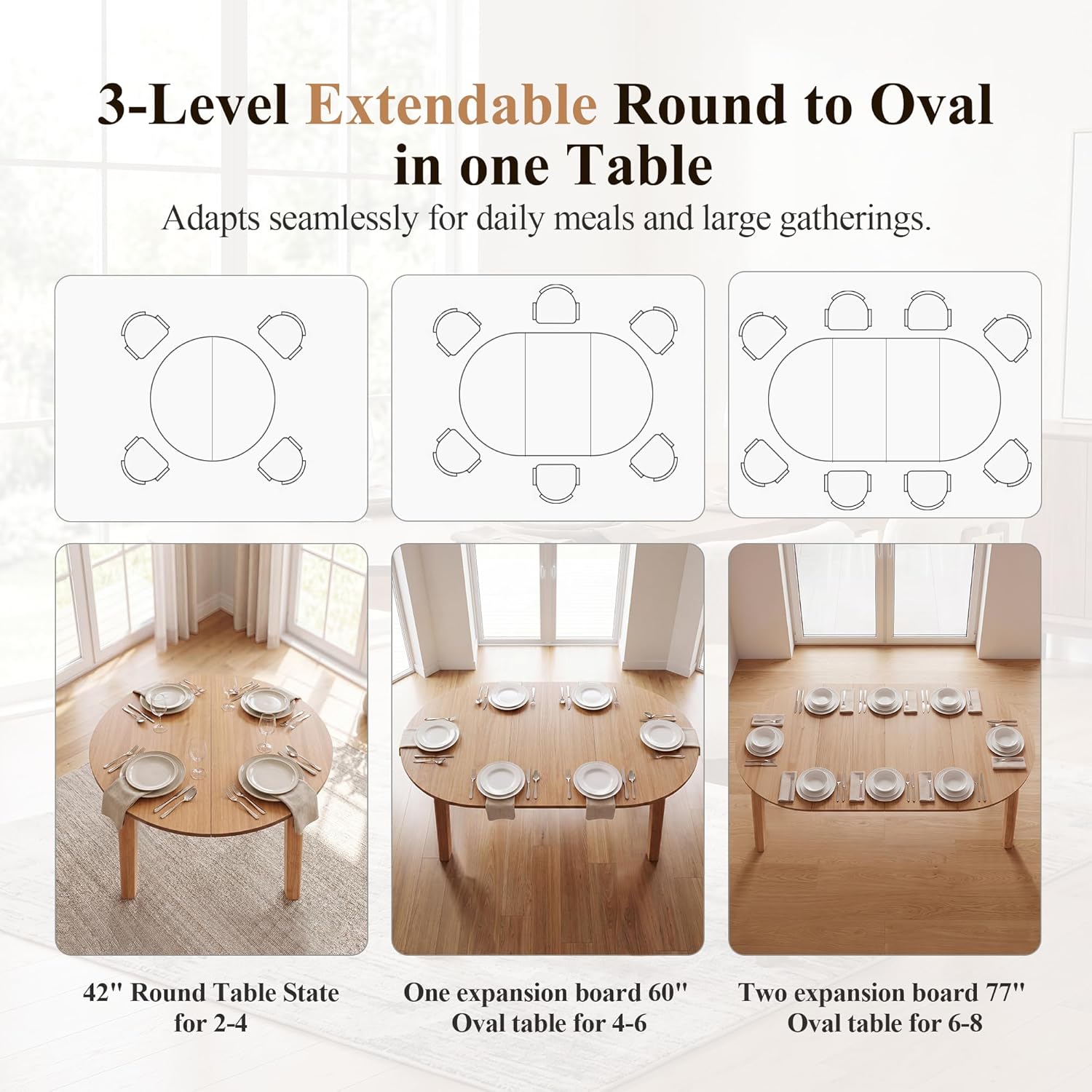HNY Extendable Dining Table Round to Oval for 4-8, 42"-77" Oak Veneer Kitchen Table with Sturdy Legs, Modern Farmhouse Expandable Dining Room Table for Family Gatherings & Small Apartments, Natural