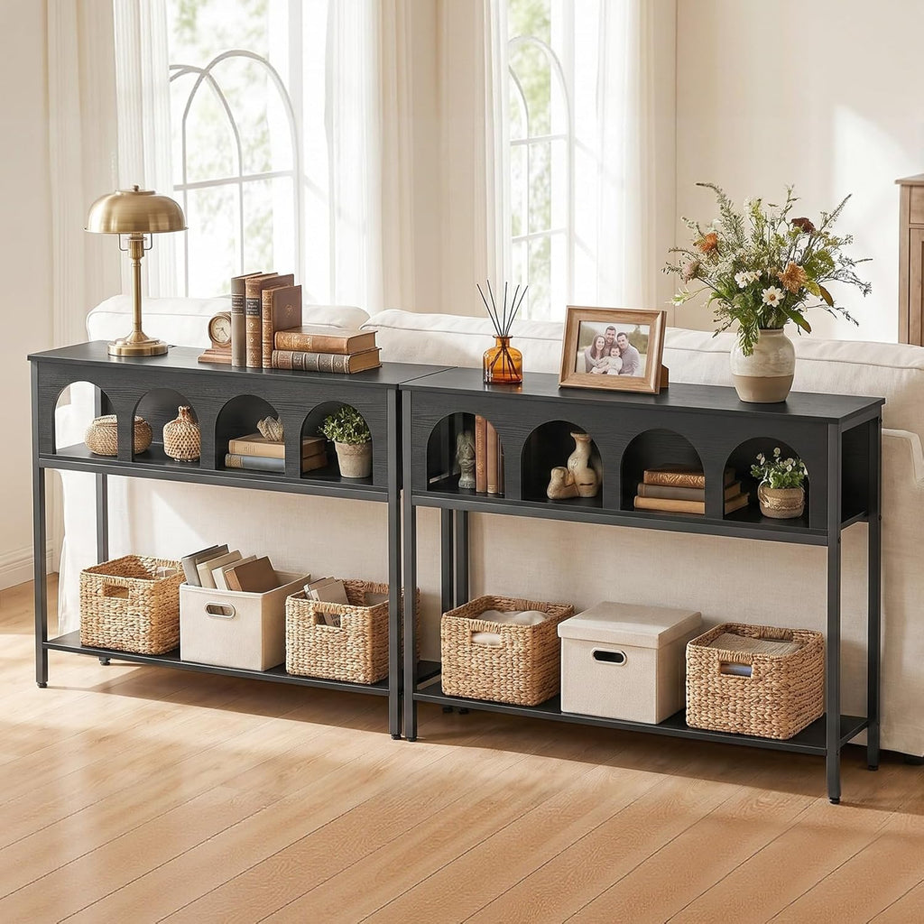 HOOBRO Narrow Console Table, Entryway Table with 3-Tier Storage, Sofa Table, Behind Couch Table with Arched Design for Living Room, Entrance, Hallway, Black BB106XG01