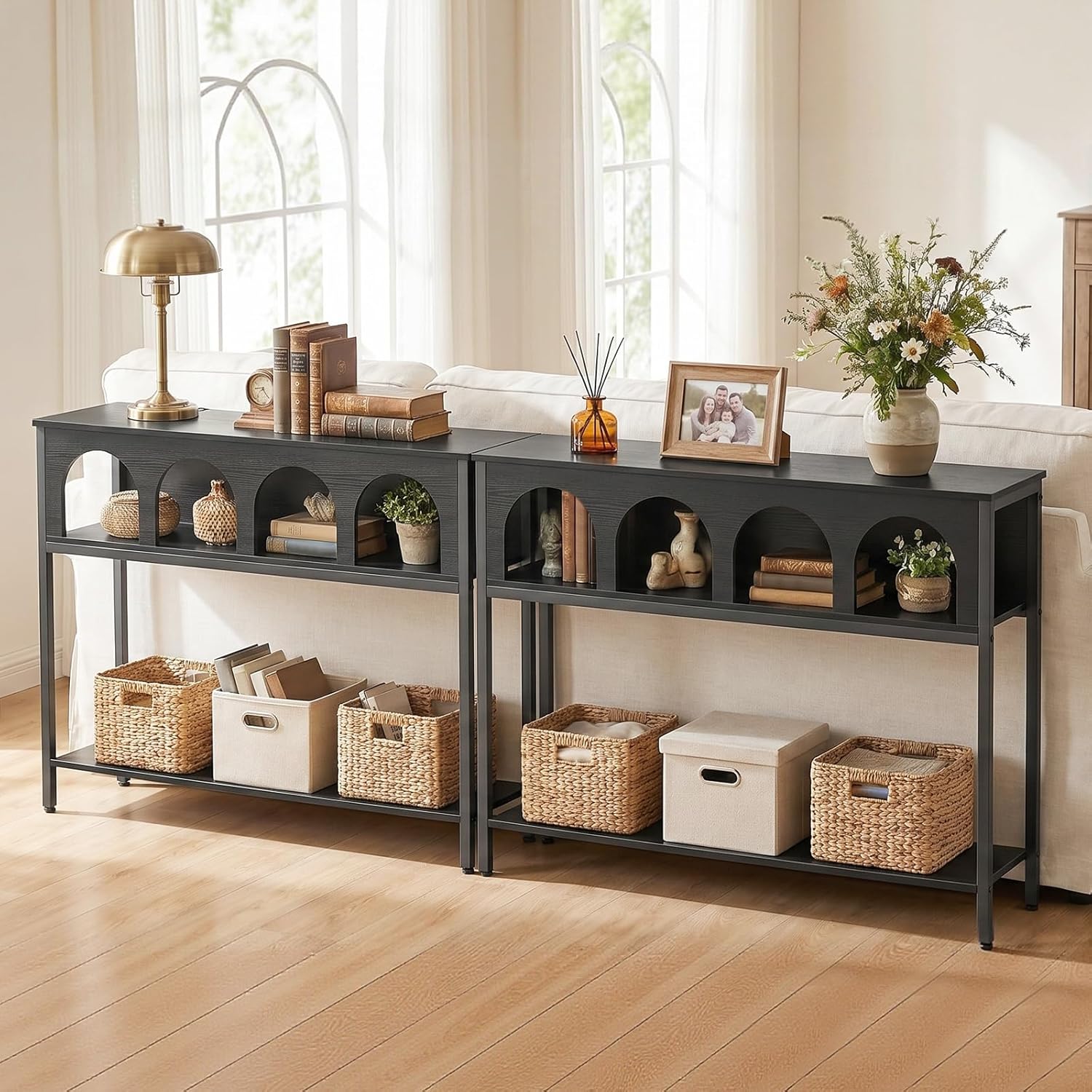 HOOBRO Narrow Console Table, Entryway Table with 3-Tier Storage, Sofa Table, Behind Couch Table with Arched Design for Living Room, Entrance, Hallway, Black BB106XG01