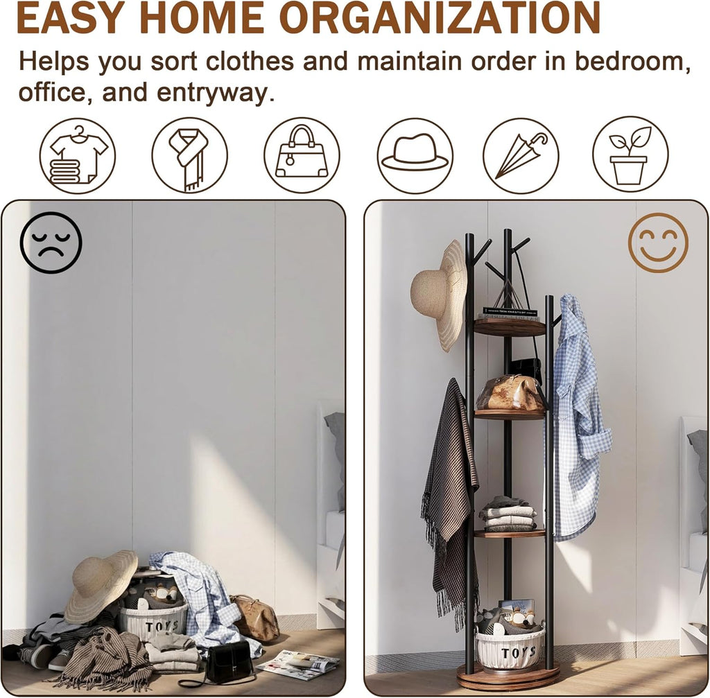 Espelism Rotary Coat Rack Stand, Freestanding Metal Hall Tree with 9 Hooks | 4-tier coat stand with wood storage shelves. Ideal for entryway, bedroom, corner or office clothing organization.Brown