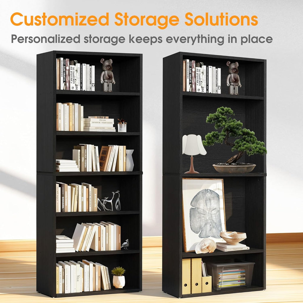 Sweetcrispy 6-Tier Bookcase, 63 Inch Tall Open Bookshelf, Freestanding Wood Book Case, Storage Shelves for Bedroom, Modern Display Bookshelf for Home Office Living Room，Black