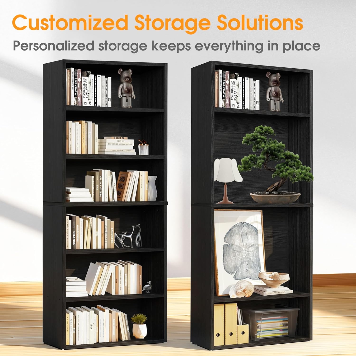 Sweetcrispy 6-Tier Bookcase, 63 Inch Tall Open Bookshelf, Freestanding Wood Book Case, Storage Shelves for Bedroom, Modern Display Bookshelf for Home Office Living Room，Black