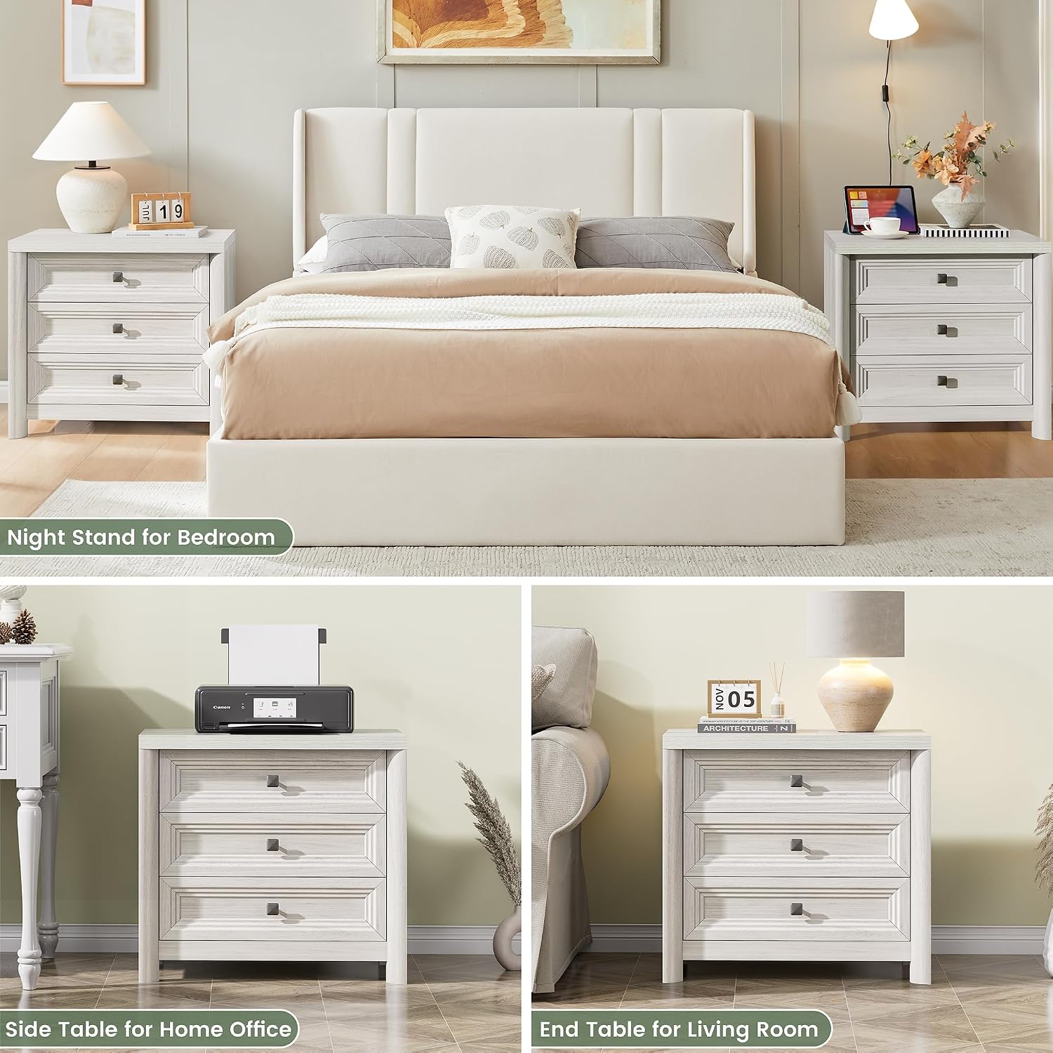 White Nightstand with 3 Drawers, Wood Night Stand with Metal Knobs, Farmhouse Bed Side Table for Bedroom, Modern End Table for Living Room Home Office Storage 1PC
