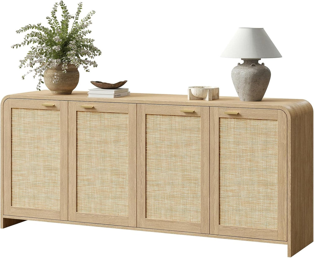 Evermagin 67" Rattan Buffet Cabinet with Storage, Boho Sideboard Cabinet with 4 Doors, Large Credenza Sideboard Buffet for Living Room, Kitchen and Hallway, Natural Oak