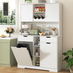 71"H Kitchen Pantry Storage Cabinet with Power Outlets and Two Drawers,10X2 Gallon Kitchen Hidden Double Tilt Out Trash Can Cabinet with Trash Bin Storage Holders,Laundry Hamper Cabinets(White)