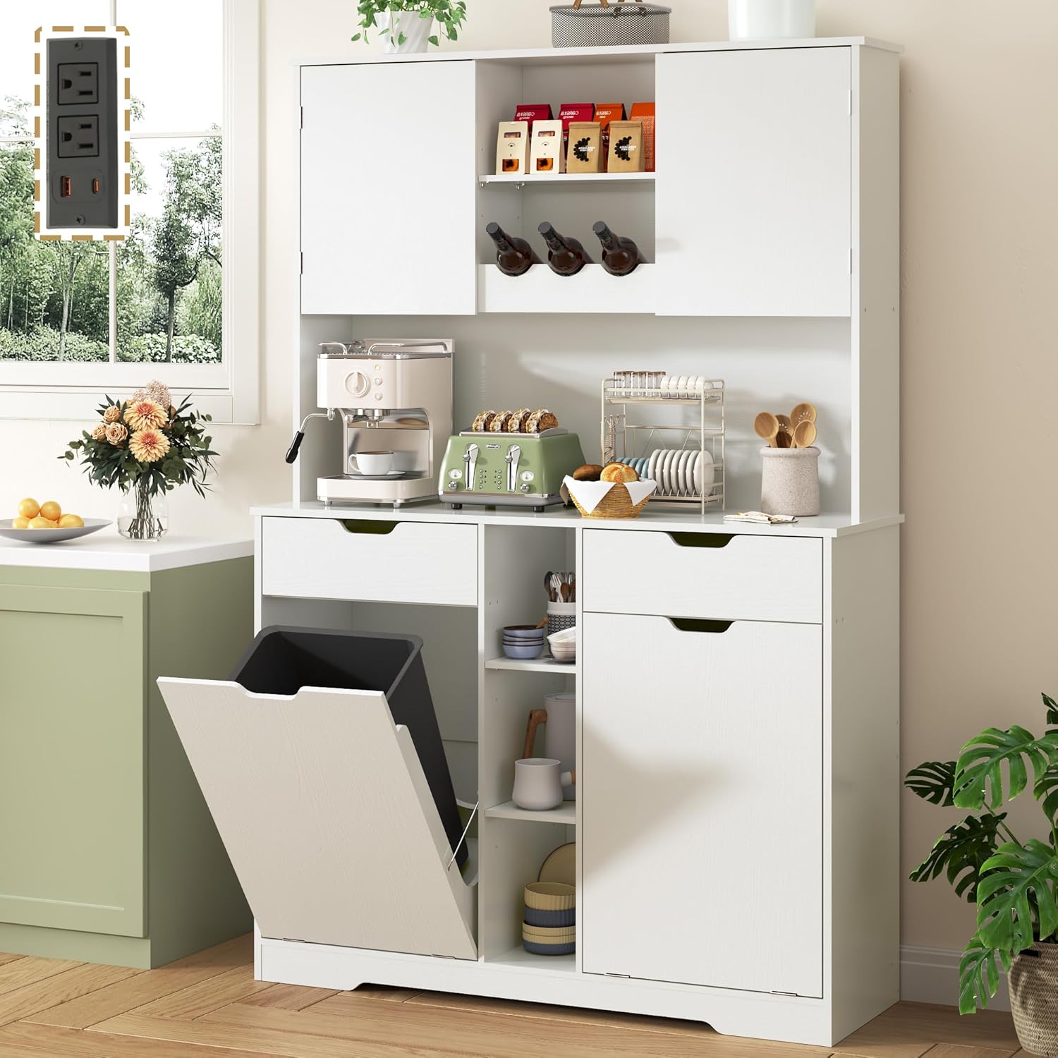 71"H Kitchen Pantry Storage Cabinet with Power Outlets and Two Drawers,10X2 Gallon Kitchen Hidden Double Tilt Out Trash Can Cabinet with Trash Bin Storage Holders,Laundry Hamper Cabinets(White)
