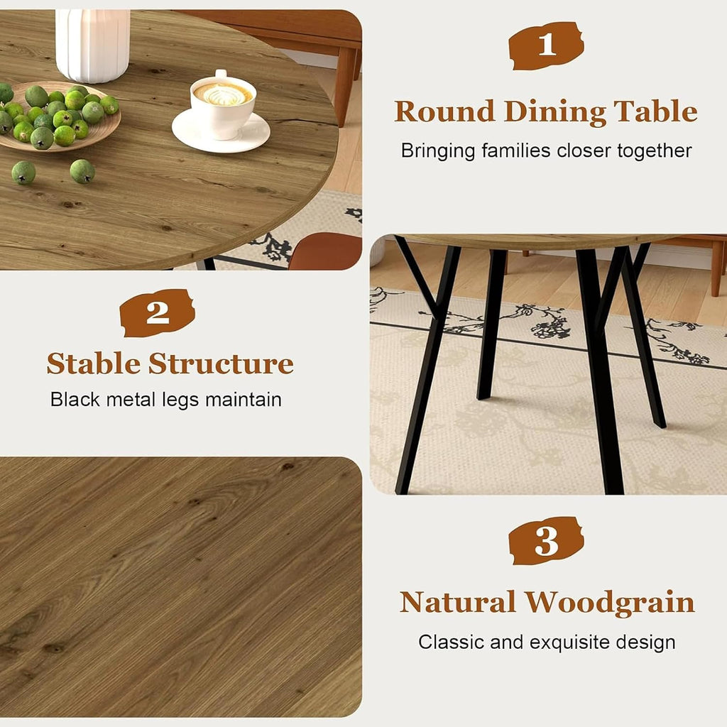 Round Dining Table Set for 4, Rustic 36" Circle Kitchen Table and 4 Gray Linen-Cotton Dining Chairs, Solid Metal Frame, Space Saving Wood Small Kitchen & Dining Room Furniture