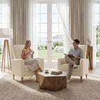 COLAMY Mid-Century Modern Upholstered Accent Chair with Back Pillow & Solid Wood Legs, Fabric Cozy Armchair for Living Room, Bedroom, Reading Nook, Apartment & Small Spaces, Beige