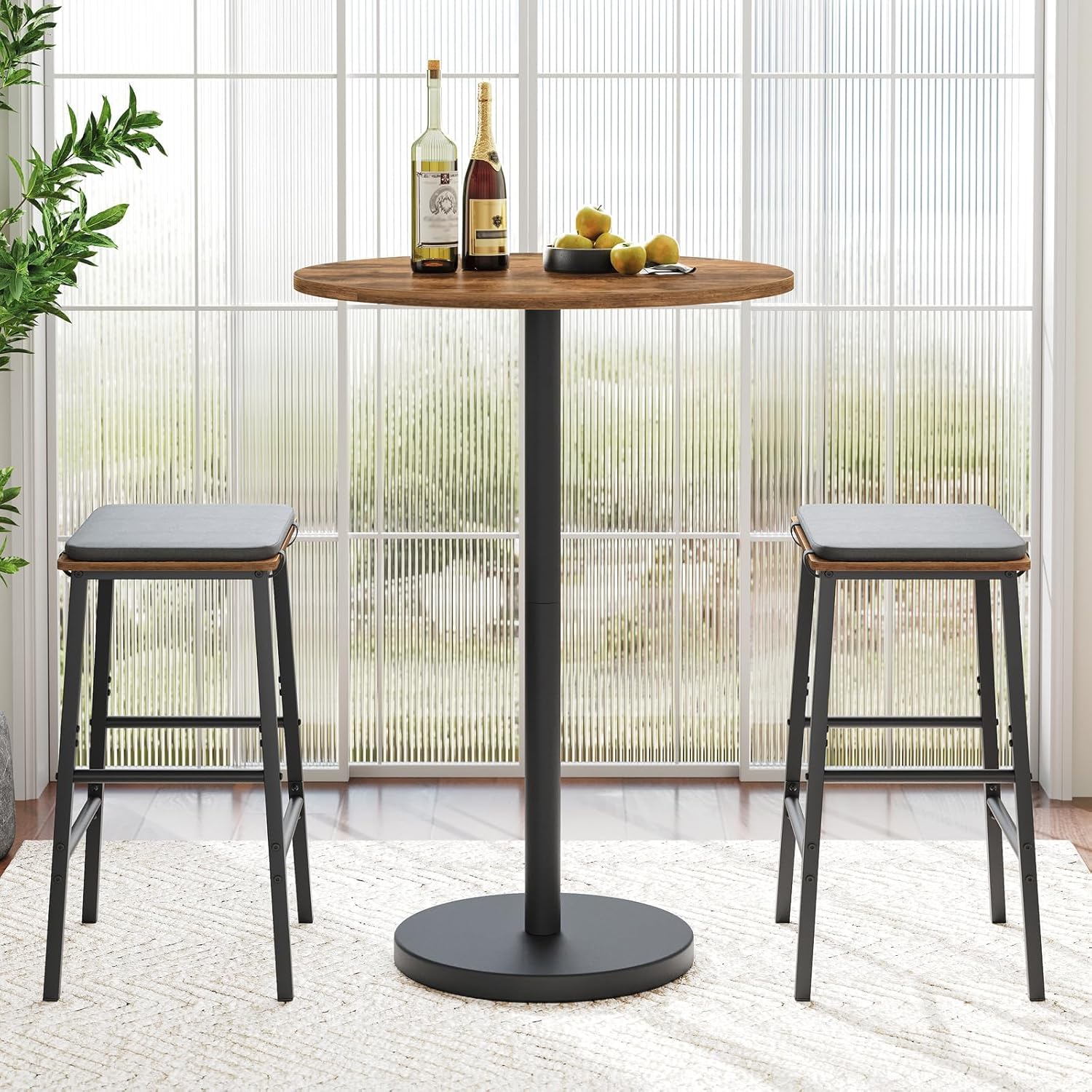 YATINEY Bar Table, Round Bar Table Set of 2, Counter Height Table, Pub Cocktail Table, Metal Frame, for Bistro, Dining Room, Living Room, Terrace, Rustic Brown and Black BT05L2BRY1