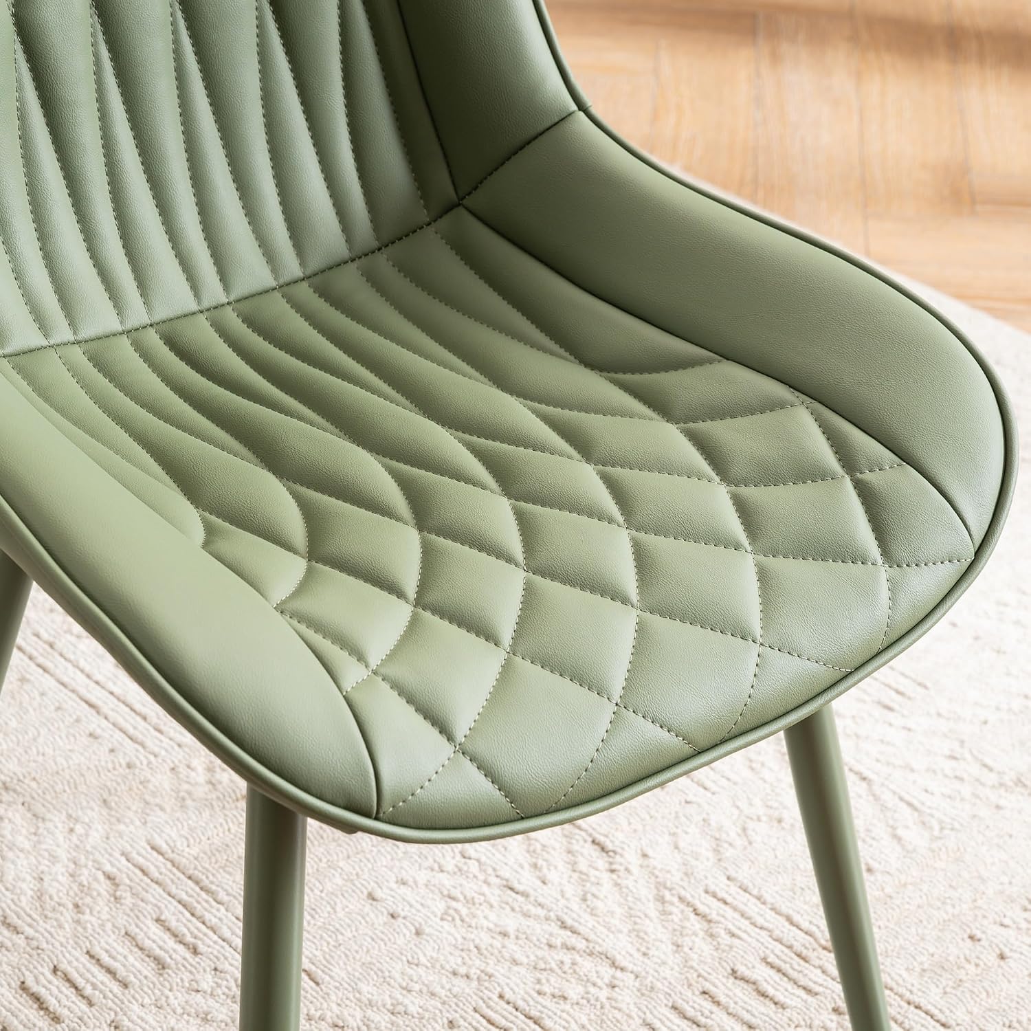 YOUNIKE Olive Green Faux Leather Dining Chairs Set of 2 Mid-Century Modern High Padded Back Comfy Upholstered Kitchen Chairs with Metal Legs Wide Seat Accent Side Chair for Dining/Living/Waiting Room