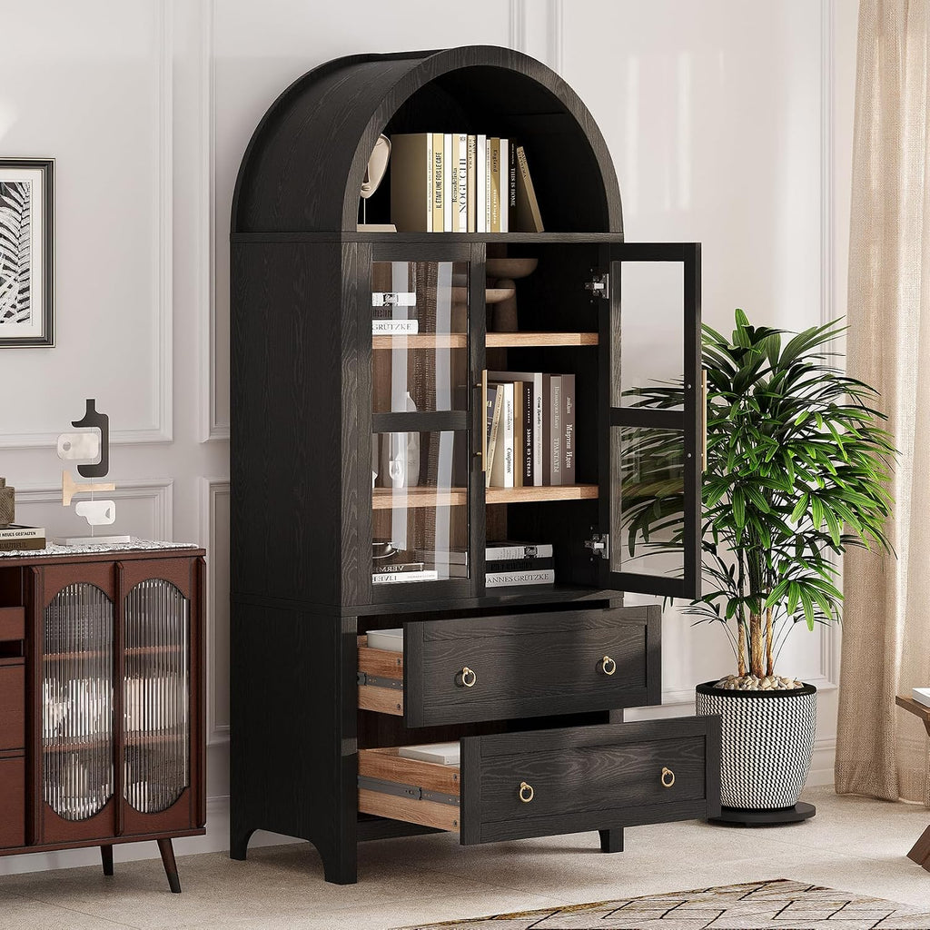 71" Tall Arched Kitchen Pantry, Modern Farmhouse Storage Cabinet with 2 Glass Doors, Adjustable Shelves, Rustic Wood Cupboard with 2 Drawers for Kitchen, Dining Room, Black