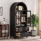 71" Tall Arched Kitchen Pantry, Modern Farmhouse Storage Cabinet with 2 Glass Doors, Adjustable Shelves, Rustic Wood Cupboard with 2 Drawers for Kitchen, Dining Room, Black