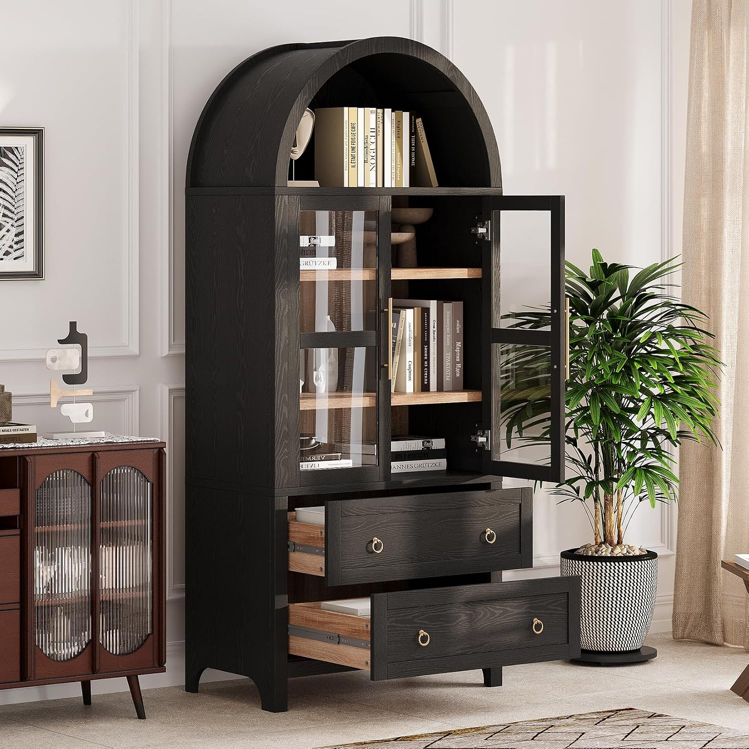 71" Tall Arched Kitchen Pantry, Modern Farmhouse Storage Cabinet with 2 Glass Doors, Adjustable Shelves, Rustic Wood Cupboard with 2 Drawers for Kitchen, Dining Room, Black