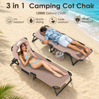 Suteck Tanning Chair with Face Hole, Folding Beach Lounge Chairs, Beige | Adjustable 5-Position Reclining Chaise, Removable Cushion & Pillow, Cooler Bag, 500Lbs Heavy-Duty for Outdoor Camping& Home