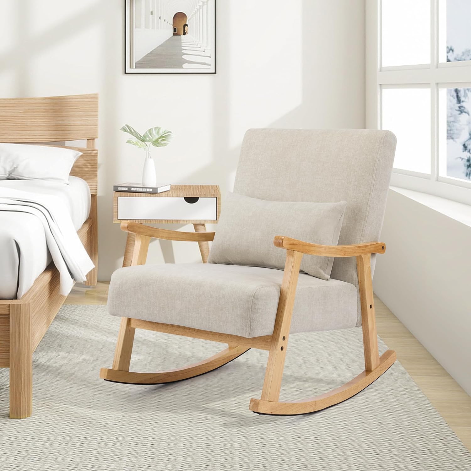 SAETSFEG Rocking Chair for Nursery with Lumbar Pillow, Upholstered Accent Chair with Solid Rubberwood Frame, Living Room & Bedroom, Cozy Reading Chair for Small Spaces, Lightgrey