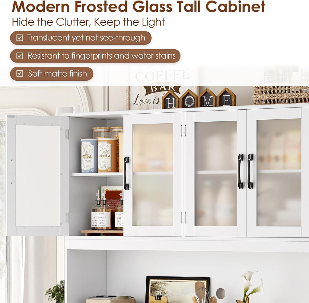 BOTLOG Pantry Storage Cabinet with Microwave Stand, 71" Tall Kitchen Hutch, Large White Pantry Cabinet with Glass Doors for Dining Room
