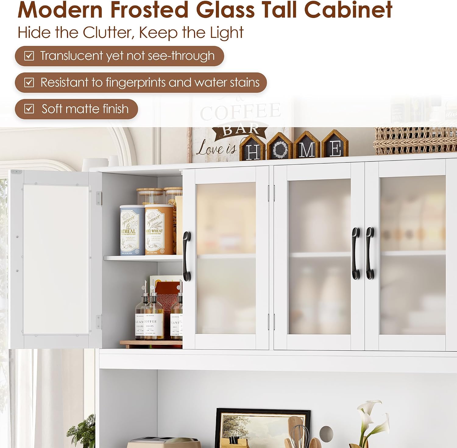 BOTLOG Pantry Storage Cabinet with Microwave Stand, 71" Tall Kitchen Hutch, Large White Pantry Cabinet with Glass Doors for Dining Room