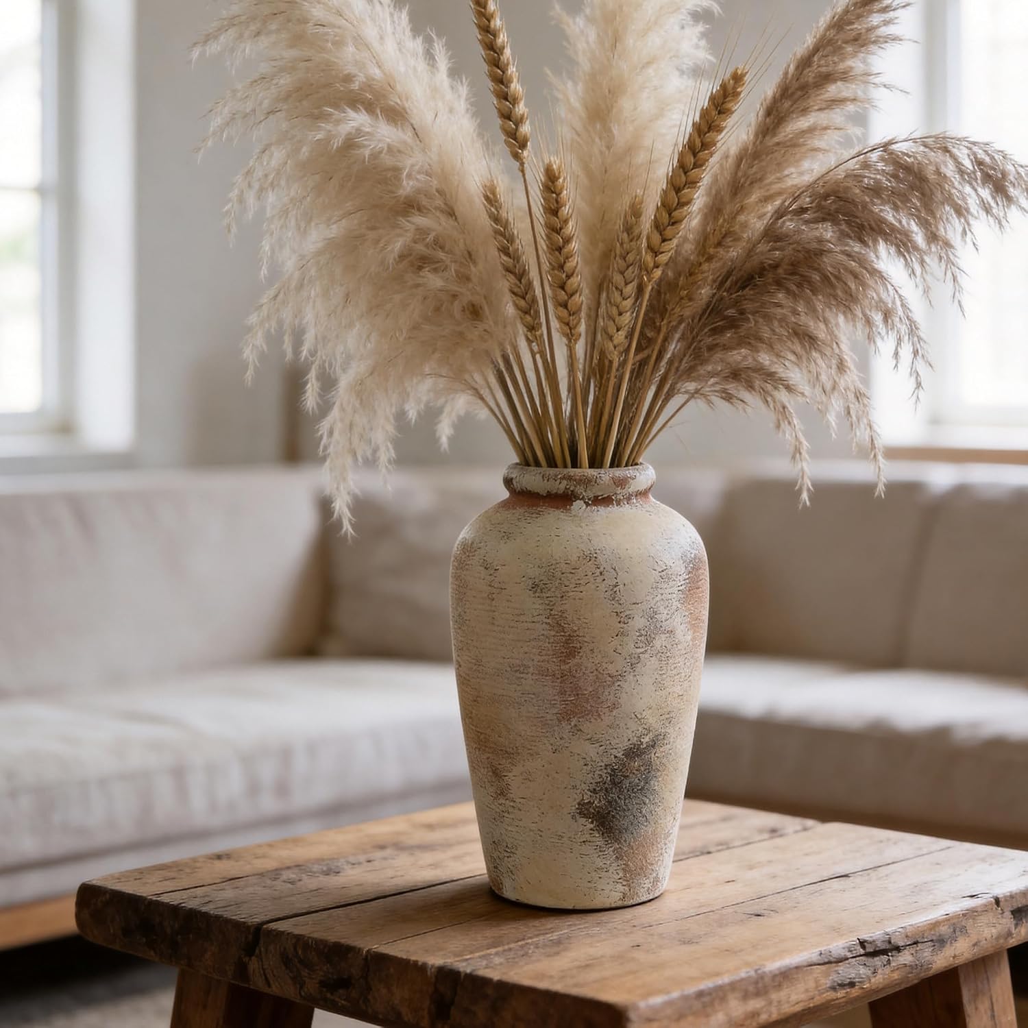 Ceramic Flower Vase, 10.6" Tall Rustic Farmhouse Vase, Decorative Pottery Vase with Glazed Interior for Fresh Flowers, Olive Branches, Mantel, Entryway and Dining Room Decor
